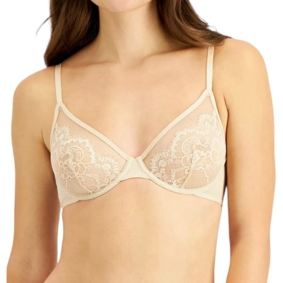 INC Intimates Underwire Lace Bra & Lace Trim Mesh Brief Underwear Almond Latte M - Picture 2 of 14